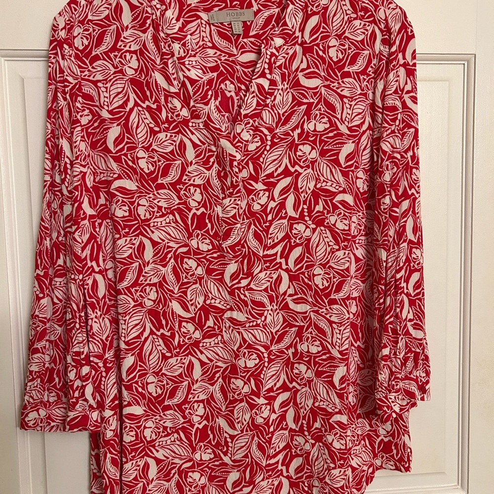 Hobbs Red and White Blouse with V-Collar